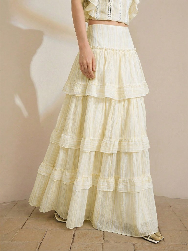Yellow Boho Casual Women's Tiered Ruffle Hem Multi-Layer Skirt